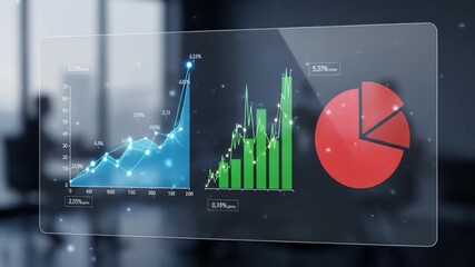 Glass display unveils a dynamic trio of data visualizations line bar and pie charts - Powered by Adobe