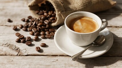 Coffee break with simple white cup, roasted beans, and sunlight streaming across the table