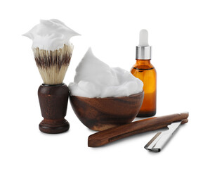 Shaving foam, brush, straight razor and cosmetic product isolated on white. Barber's tools