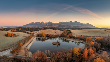 Strbsky Pond at sunset in autumn