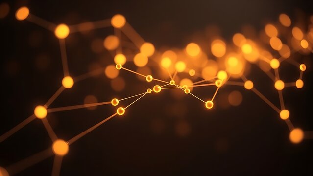 Abstract network of glowing nodes and lines in warm tones against a dark sophisticated backdrop.