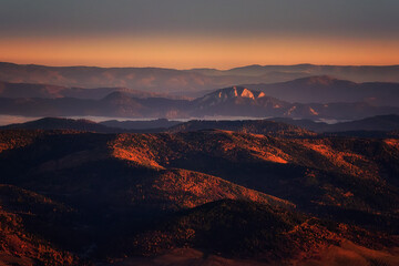 view of the Pieniny National Park at sunrise in autumn from a balloon