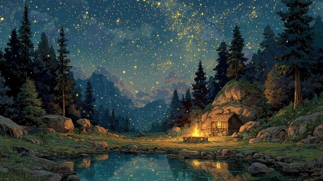 A serene Anime background or wallpaper of a lakeside campsite fireflies flickering under a star-filled sky