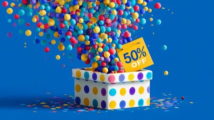 Vibrant polka dot gift box overflowing with colorful confetti featuring bold 50 percent off discount sign on cheerful blue background for festive sale promotion and holiday special offer design