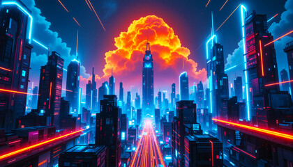 Fototapeta premium Futuristic city skyline with neon lights and fiery explosion