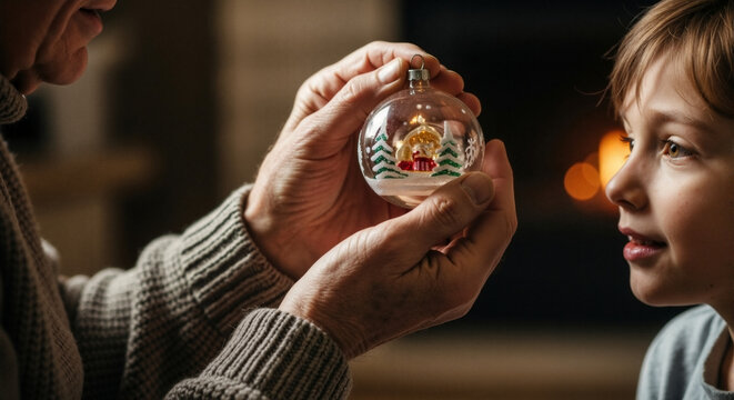 Grandfather showing a Christmas ornament to his curious grandson. Senior man and child sharing a festive holiday tradition. Intergenerational family bonding and creating memories at home