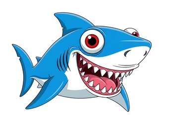 Obraz premium Cartoon shark with big eyes and sharp teeth isolated on white background