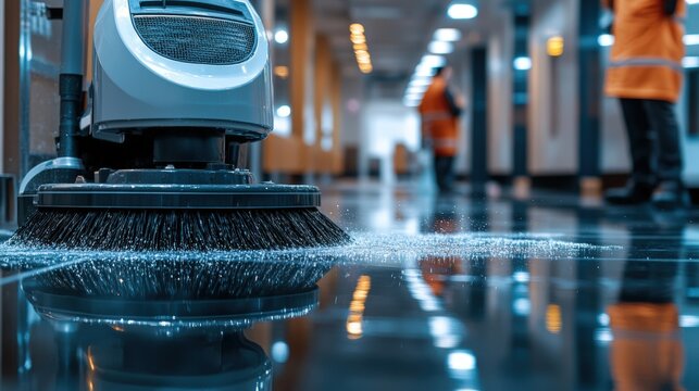 A cleaning machine operates on a shiny floor in a well-lit corridor, while workers in orange uniforms attend to maintenance tasks in the background.
