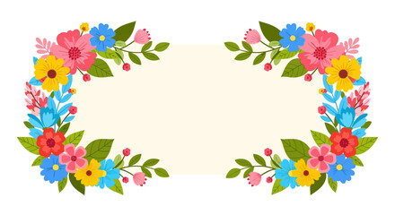 Colorful floral frame with various blossoms and green leaves design