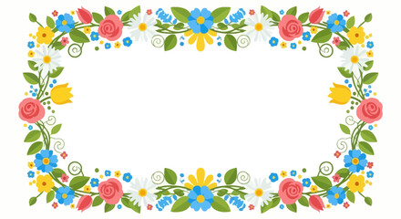 A vibrant rectangular floral frame composed of colorful blossoms and greenery