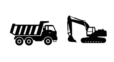 Construction machinery silhouettes depicting a dump truck and an excavator