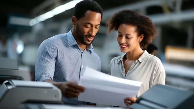 An African American man and a young woman collaborate in a printing house standing beside a whirring printer pointing at a test sheet and discussing color calibration ink