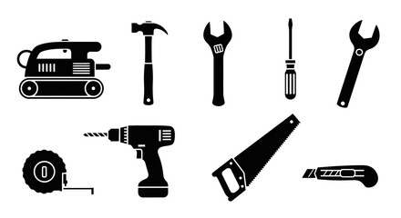 Black silhouette icons representing various common construction and repair tools