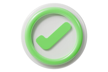 3d green check button icon. approval success concept. Minimal cartoon tick ok verified for app UI status and checklist banner. isolated on white background. 3d render.