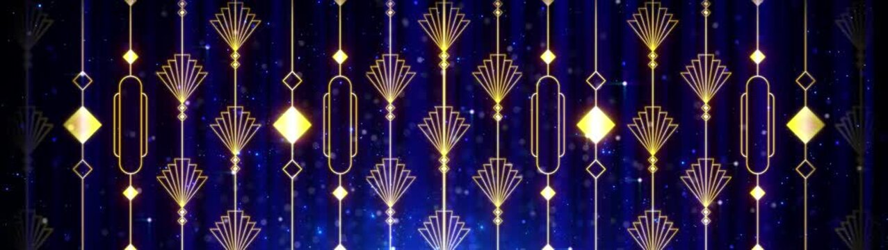 Luxurious Blue and Gold Art Deco Hanging Geometric Pattern, Gatsby Style Seamless Loop Motion Graphic, Elegant Title Background