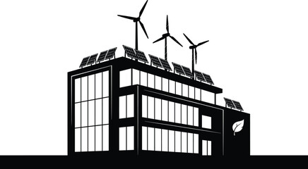 Futuristic Eco- Building with Wind Turbines and Solar Panels, eco-friendly, sustainable, renewable energy, green energy, building, architecture, wind turbine, solar panel, clean energy, environment, s