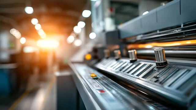 Empty part of a modern offset printing press in a print shop rollers and ink trays clean control panels with buttons paper feeders empty the machine's metal gleaming under