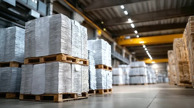 Empty print shop warehouse with towering piles of packed white paper bundles wrapped in plastic stacked on wooden pallets under bright overhead lights vast floor space echoing