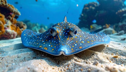 An underwater scene showcasing a stingray on a sandy ocean floor. The ray's blue body is dotted with yellow spots. Coral reefs are visible in the background