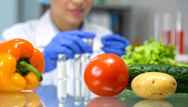 Scientist in lab coat and gloves analyzes fresh vegetables and vials, ensuring food safety and quality for consumer trust and healthy living.
