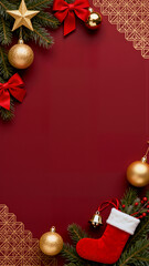 A rich, deep red vertical background accented with gold geometric patterns, framed by pine, gold ornaments, a red stocking, and bows, creating a luxurious and traditional holiday look.