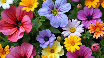 Obraz premium Close-up of colorful fresh flowers with dew drops in a garden under soft natural light – vibrant floral and nature photography