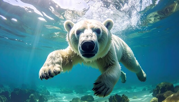 An underwater shot captures a white bear gracefully swimming towards the camera. Sunbeams filter through the clear blue water