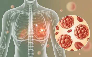 Close up of alveoli in the lungs with red blood cells and a transparent human torso