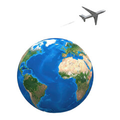 Fototapeta premium Airplane flying over planet Earth icon 2025-2026 transparent isolated on white background png 4k full hd download