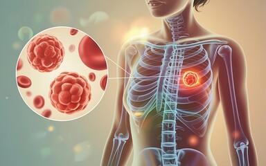 Close up of cancerous cells and human body anatomy with glowing heart