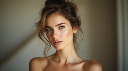 Stunning young woman with radiant skin and captivating green eyes, embodying natural beauty and confidence in a soft, luminous portrait.