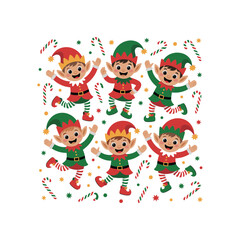 Cute Christmas Elves Dancing with Candy Canes and Festive Decorations on White Background
