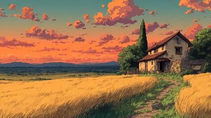 Anime background or wallpaper of a cozy countryside village at sunset golden fields swaying under a warm orange sky
