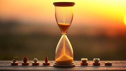 A glowing hourglass with golden sand flowing upwards, surrounded by symbolic objects representing healthy habits against a dawn gradient.