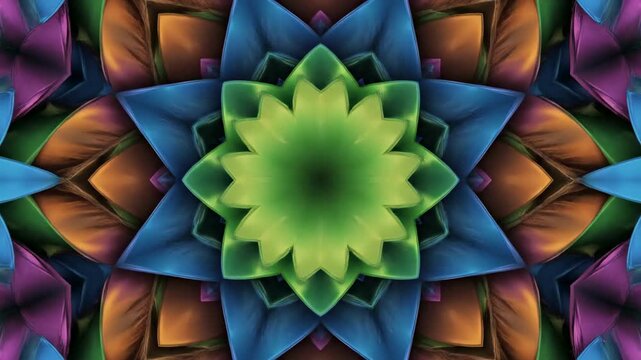Seamlessly looping video of symmetrical geometric petal patterns morphing and shifting with vibrant, interlocking colors, creating a dynamic background clean, energetic, design