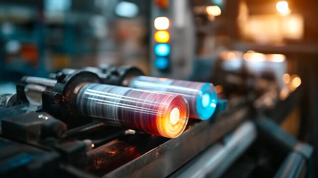 Selective focus on a modern flexographic printing press rolls of flexible material threaded through cylinders ink trays glistening control panel with digital displays the machi