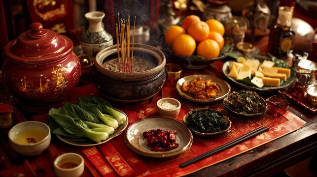 Festive chinese new year celebration with burning incense sticks, traditional offerings, and decorative lunar new year elements arranged on a warm dinner table setting festivities