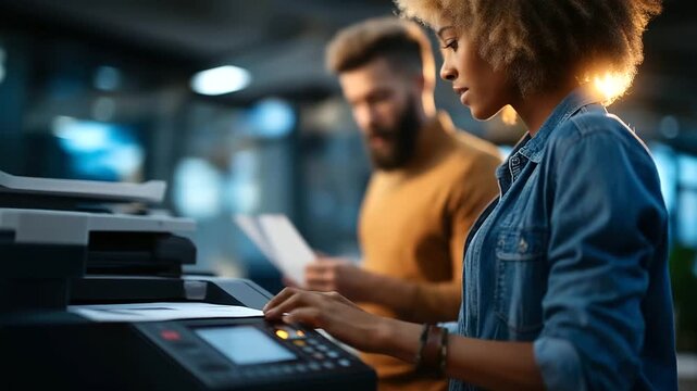 Selective focus on a modern printer's control panel two ethnically diverse coworkers standing by one adjusting settings the other holding paper lights and screens glowing