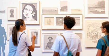 Fototapeta premium Students view framed artwork within gallery space. Light illuminates portraits, landscapes, sketches. Quiet observation, learning environment.