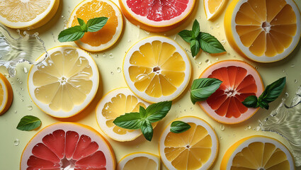 Citrus flatlay with lemon, orange and grapefruit on yellow background. Perfect for beverage ads, summer campaigns, and vitamin product branding.