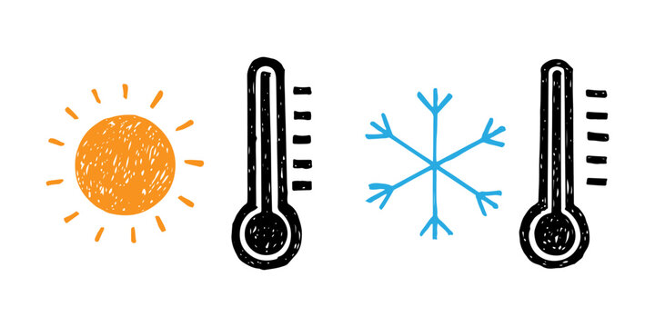 Weather, thermometer icons doodle hand drawn, hot and cold temperatures.