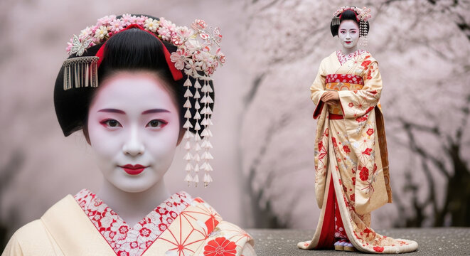 Geisha portrait and full body shot composite in traditional kimono, showcasing detailed makeup and Kanzashi against a soft cherry blossom background.
