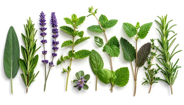 Assortment of diverse fresh herbs on a clean white backdrop, each sprig and leaf showcasing vibrant green hues