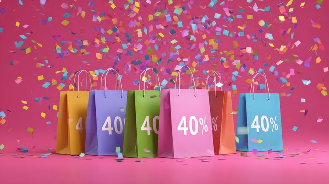 Vibrant 40 percent off sale banner featuring colorful shopping bags, floating confetti, and a festive pink background, perfect for promotional advertising, seasonal discount campaigns, and eye-catchin