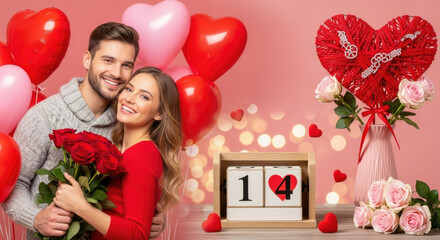 Happy couple celebrating Valentine's Day with red roses, heart balloons, and February 14th calendar display