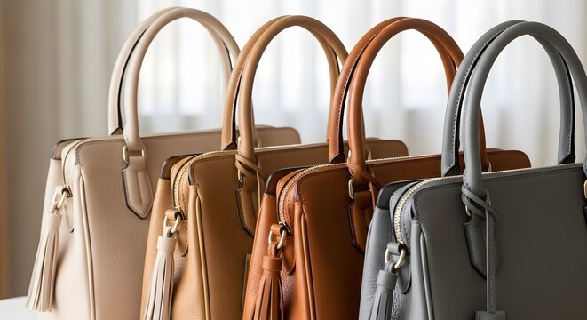Row of stylish leather handbags in various neutral and rich earthy tones