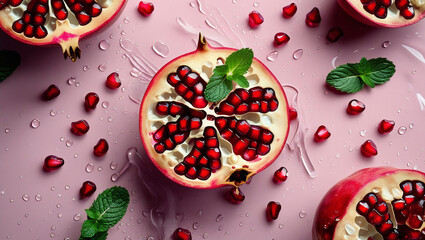 Fresh pomegranate seeds and mint on pink background for health branding. Perfect for nutrition blogs, food packaging, and wellness campaigns.