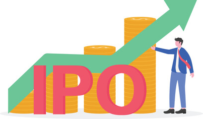 A businessman stands next to the word IPO with a rising green chart,
