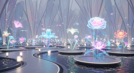 Holographic Flowers Blooming in Futuristic Sci-fi Garden with Reflecting Water