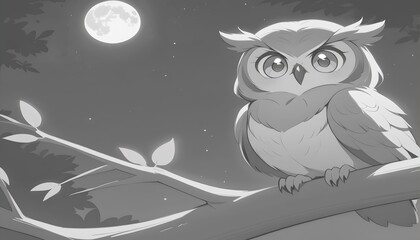 Obraz premium A cute cartoon owl illustration sitting on a tree branch at night with a full moon